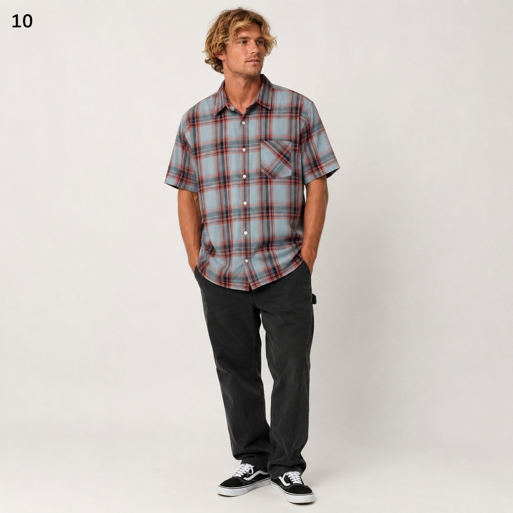 Volcom Shirt Mens L Gray Orange Plaid Classic Fit Cotton Blend Button Front
